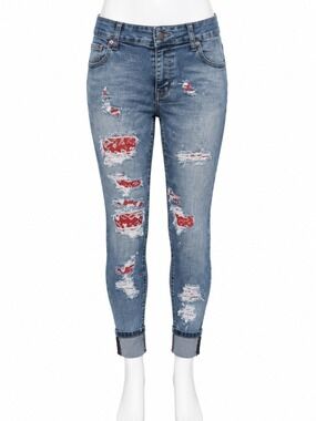 Kinina Destroyed Denim Print Leggings Hearts Valentine's Women's Size M